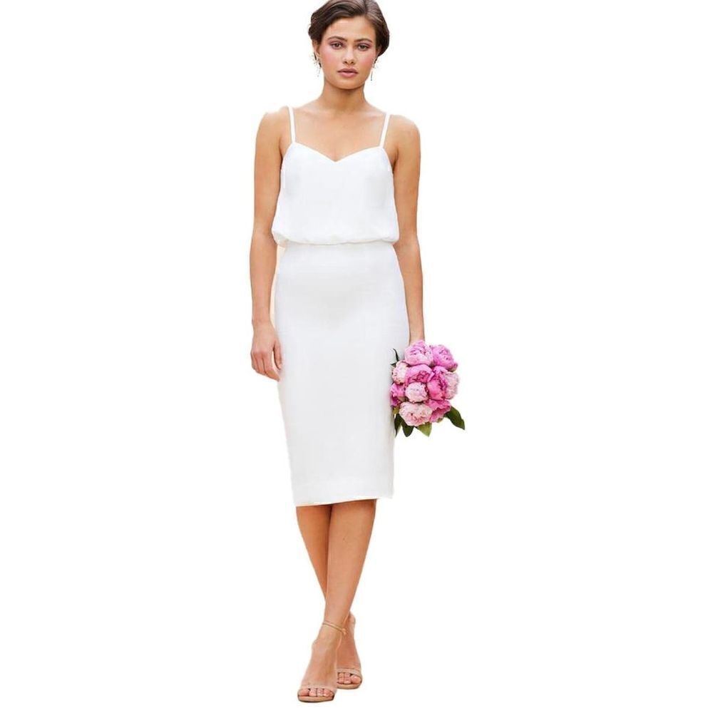 Dress the Population Womens S White Alondra Blouson Sheath Midi Dress NWT